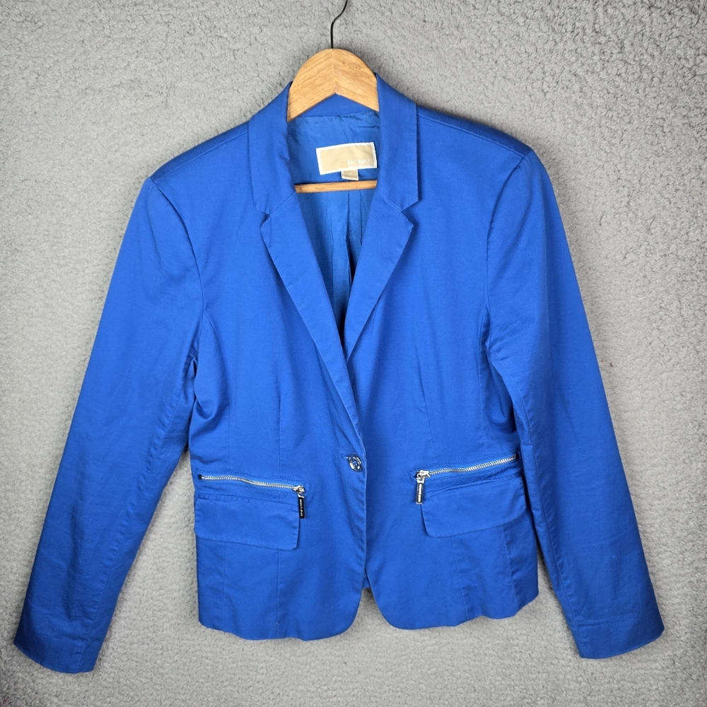 Michael Kors Women Blazer Jacket 14 Blue Zip Pocket Fitted Trendy Stretch